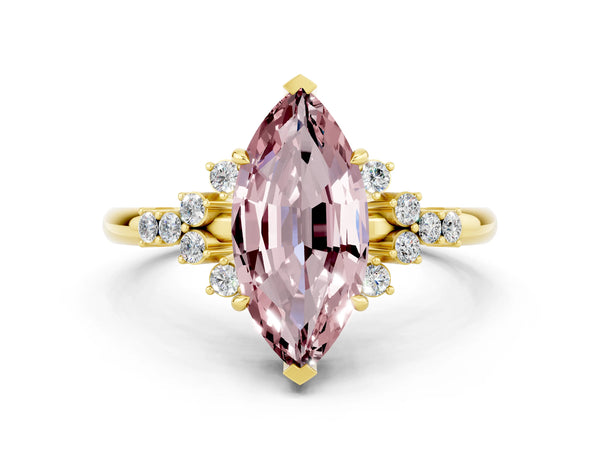 Yellow gold Marquise Cut Morganite Ring with Side Stones and Four-Prong Setting