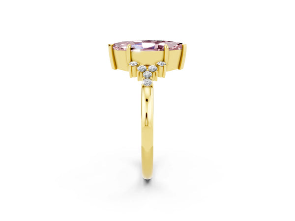 Yellow gold Marquise Cut Morganite Ring with Side Stones and Four-Prong Setting