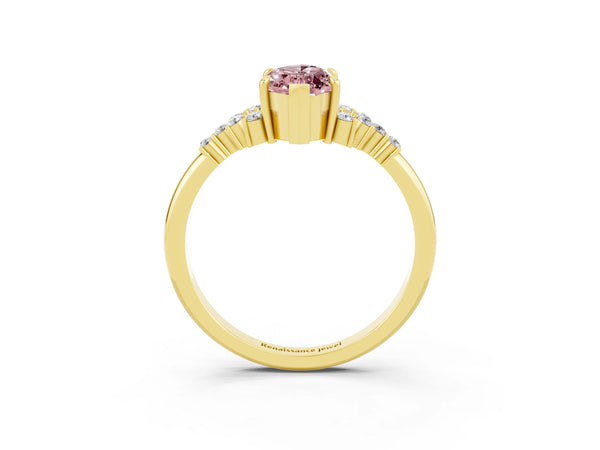 Yellow gold Marquise Cut Morganite Ring with Side Stones and Four-Prong Setting