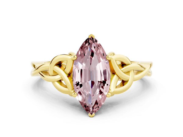 Yellow gold Marquise Cut Morganite Solitaire Celtic Knot Ring with Four-Prong Setting