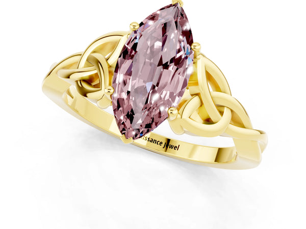 Yellow gold Marquise Cut Morganite Solitaire Celtic Knot Ring with Four-Prong Setting