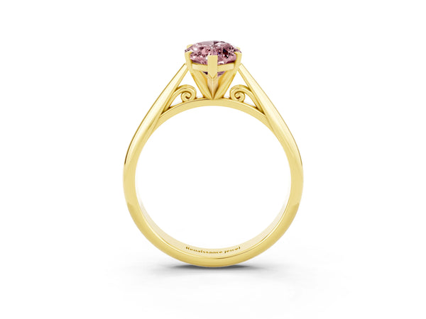 Yellow gold Marquise Cut Morganite Solitaire Engagement Ring with Cathedral Setting and Four-Prong Mount