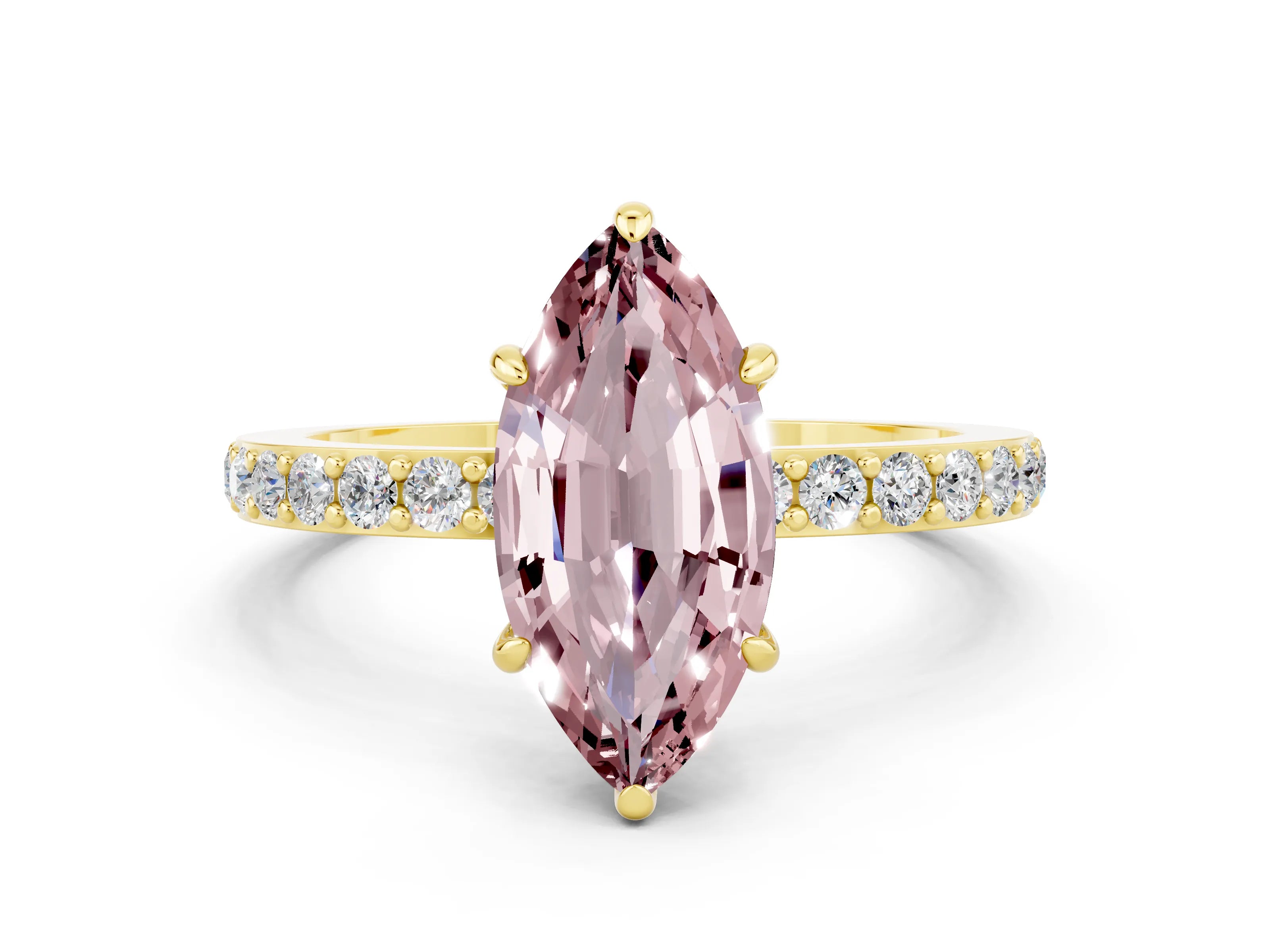 Yellow gold Marquise Cut Morganite Solitaire Engagement Ring with Pavé Band and Four-Prong Setting
