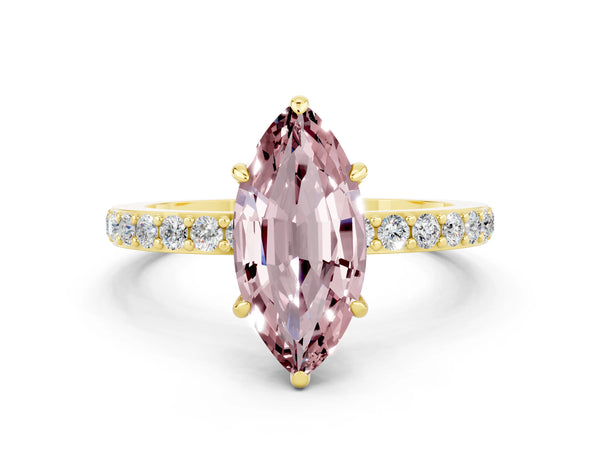 Yellow gold Marquise Cut Morganite Solitaire Engagement Ring with Pavé Band and Four-Prong Setting