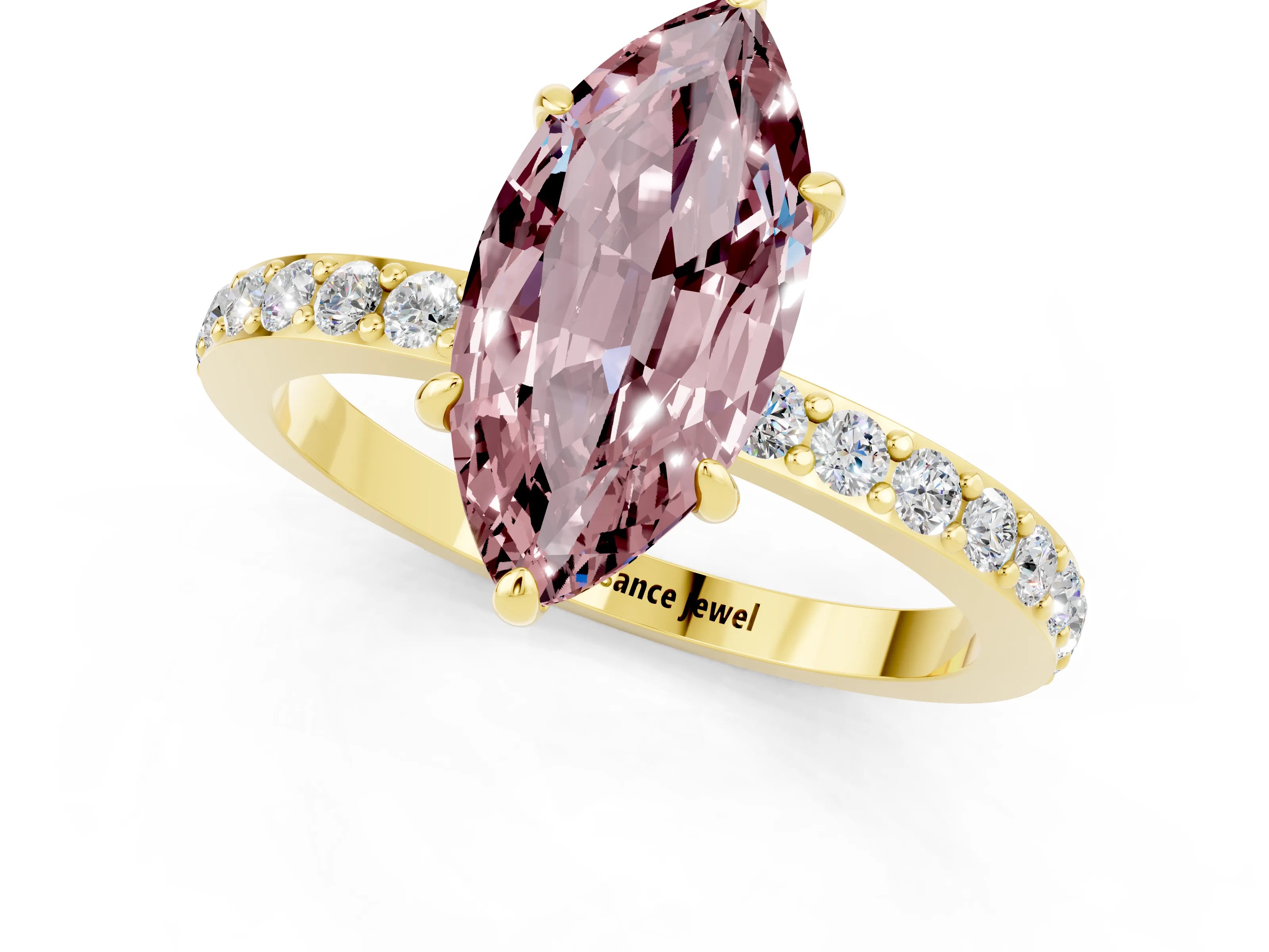 Yellow gold Marquise Cut Morganite Solitaire Engagement Ring with Pavé Band and Four-Prong Setting_1