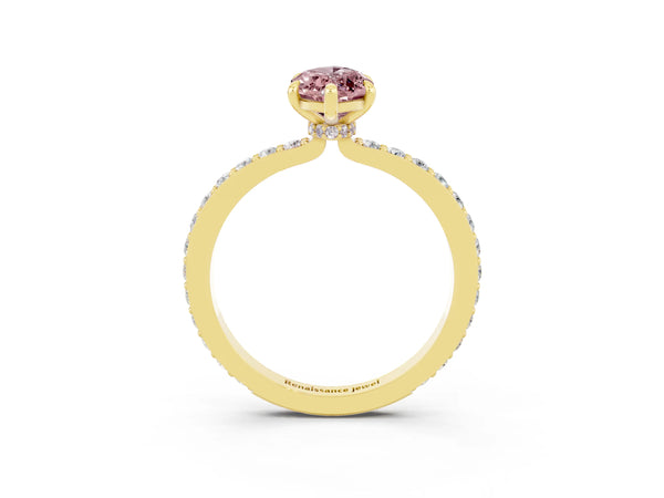 Yellow gold Marquise Cut Morganite Solitaire Engagement Ring with Pavé Band and Four-Prong Setting