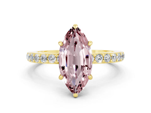 Yellow gold Marquise Cut Morganite Solitaire Engagement Ring with Pavé Band and Four-Prong Setting