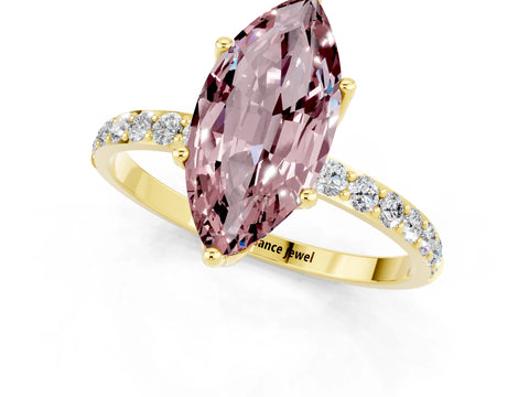 Yellow gold Marquise Cut Morganite Solitaire Engagement Ring with Pavé Band and Prong Setting_1