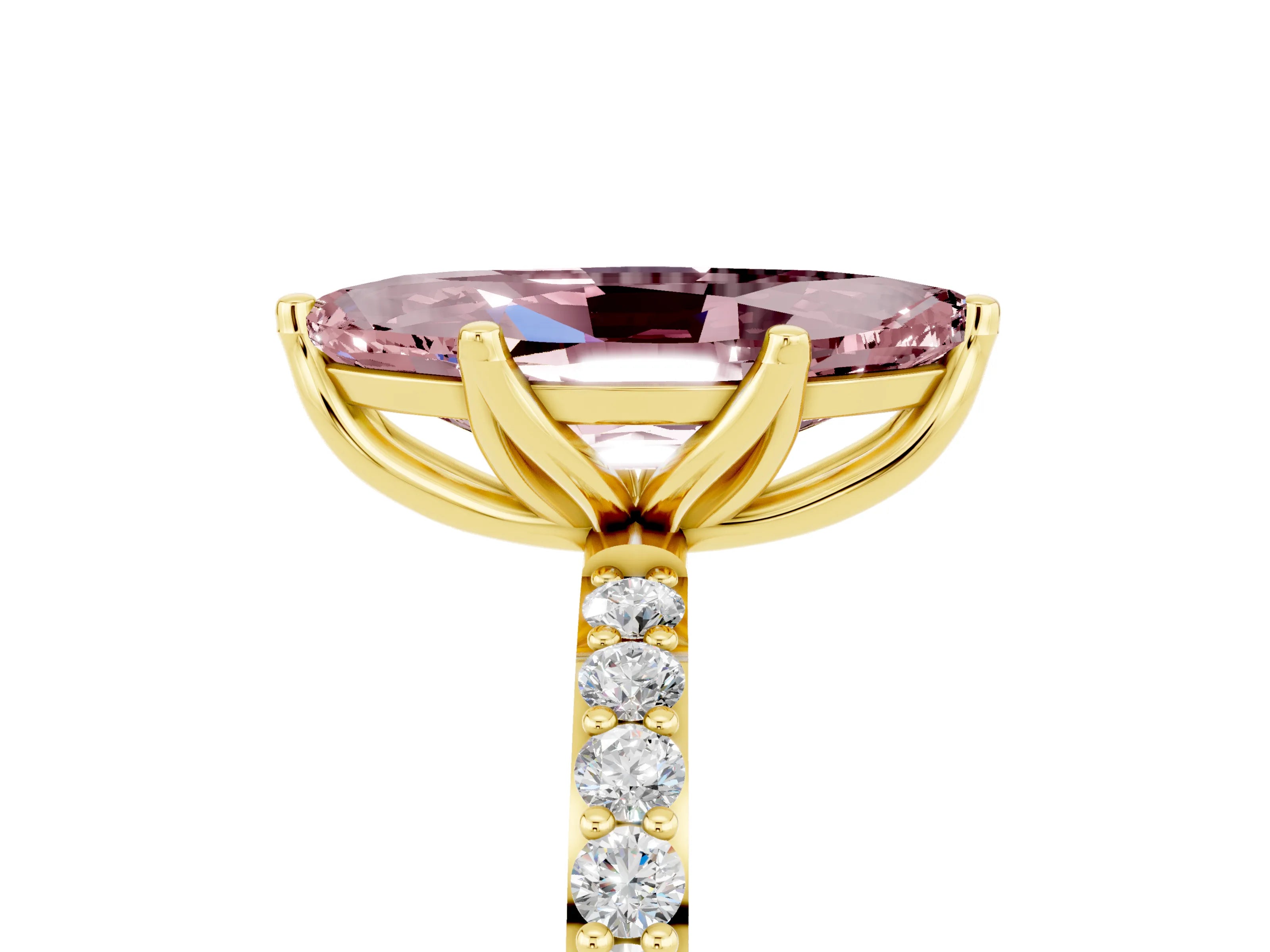 Yellow gold Marquise Cut Morganite Solitaire Engagement Ring with Pavé Band and Prong Setting_5