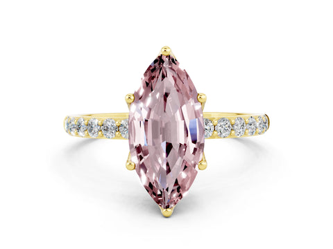 Yellow gold Marquise Cut Morganite Solitaire Engagement Ring with Pavé Band and Prong Setting