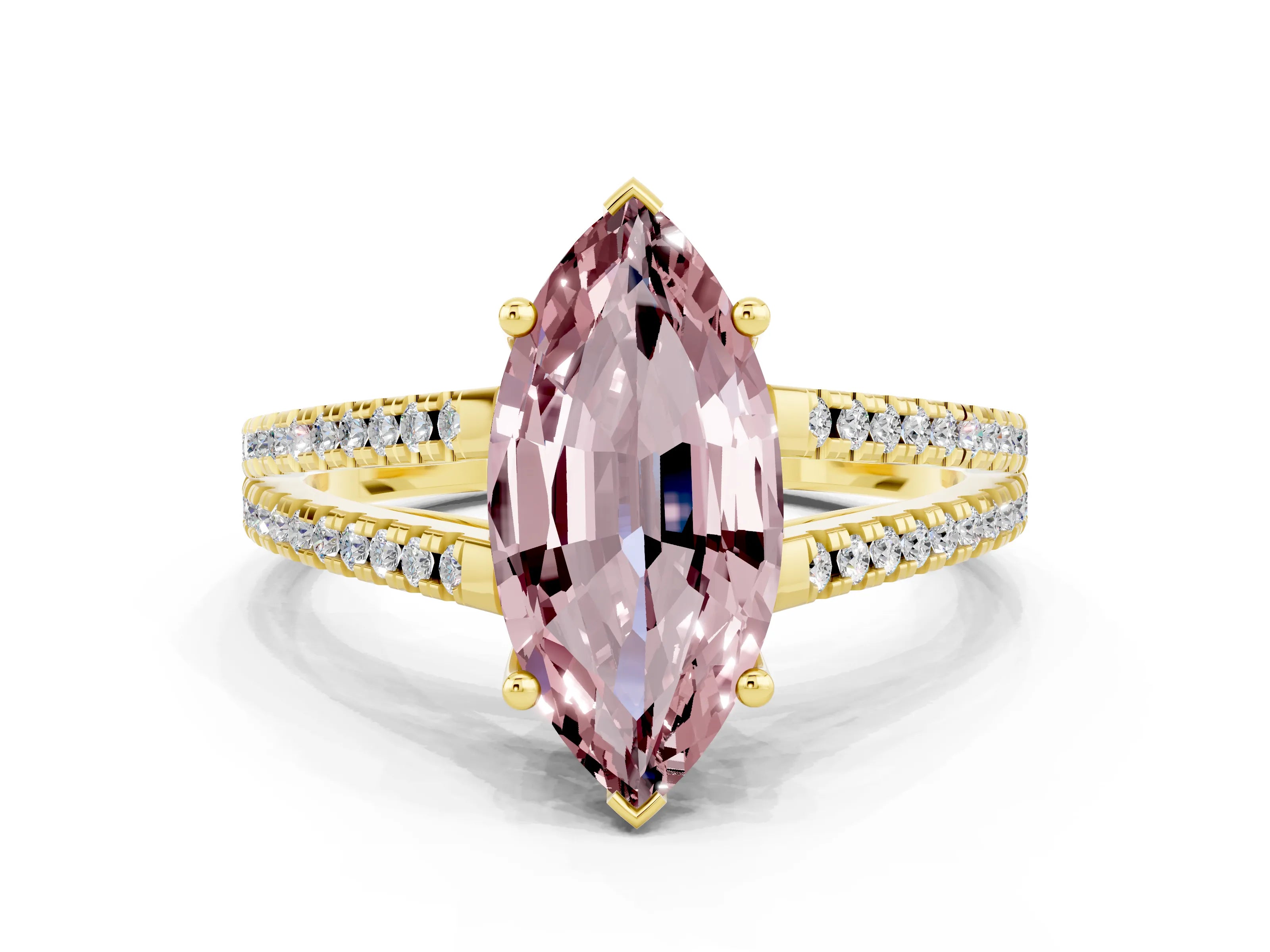 Yellow gold Marquise Cut Morganite Solitaire Engagement Ring with Split Shank Pavé Band