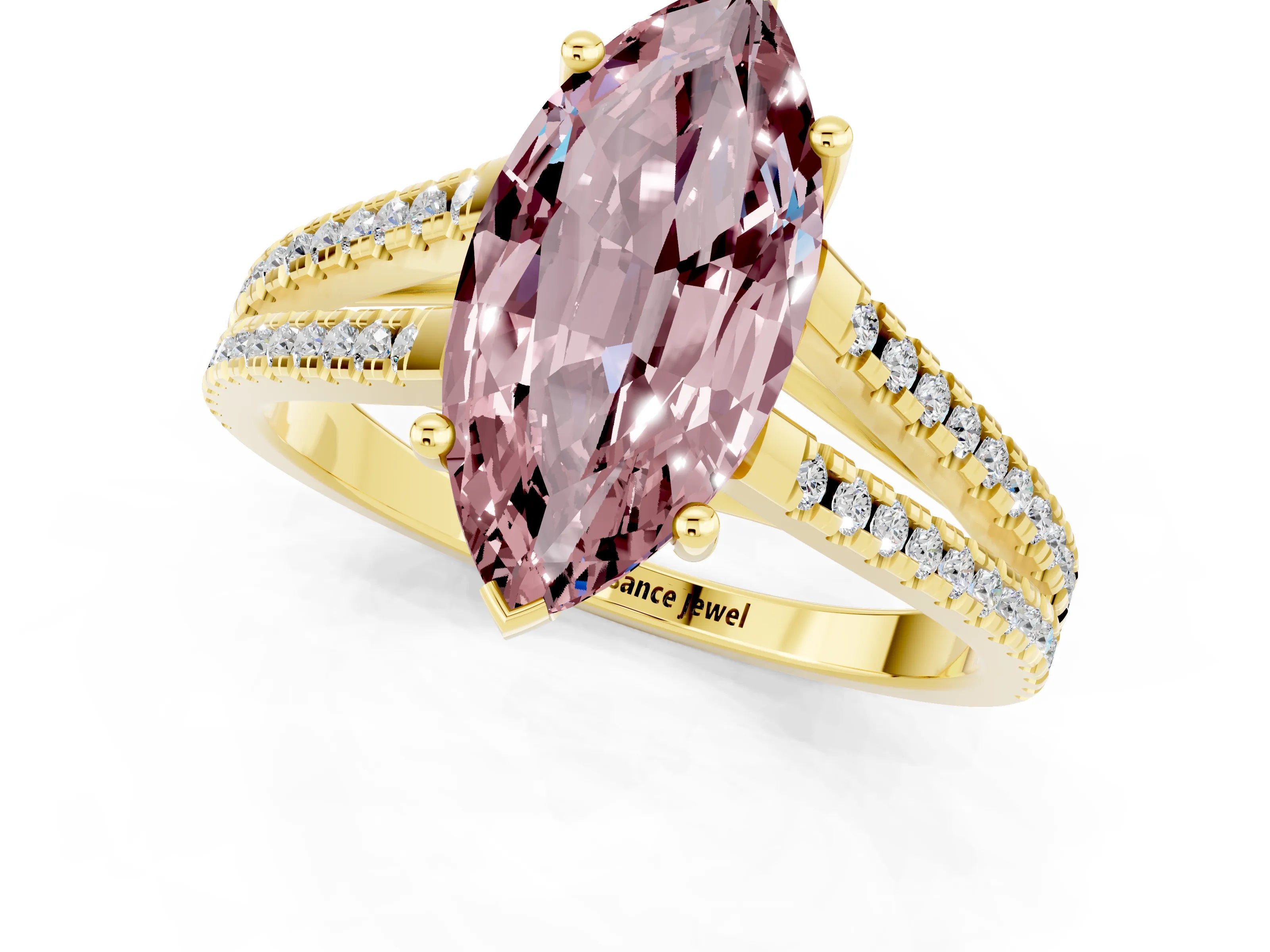 Yellow gold Marquise Cut Morganite Solitaire Engagement Ring with Split Shank Pavé Band_1