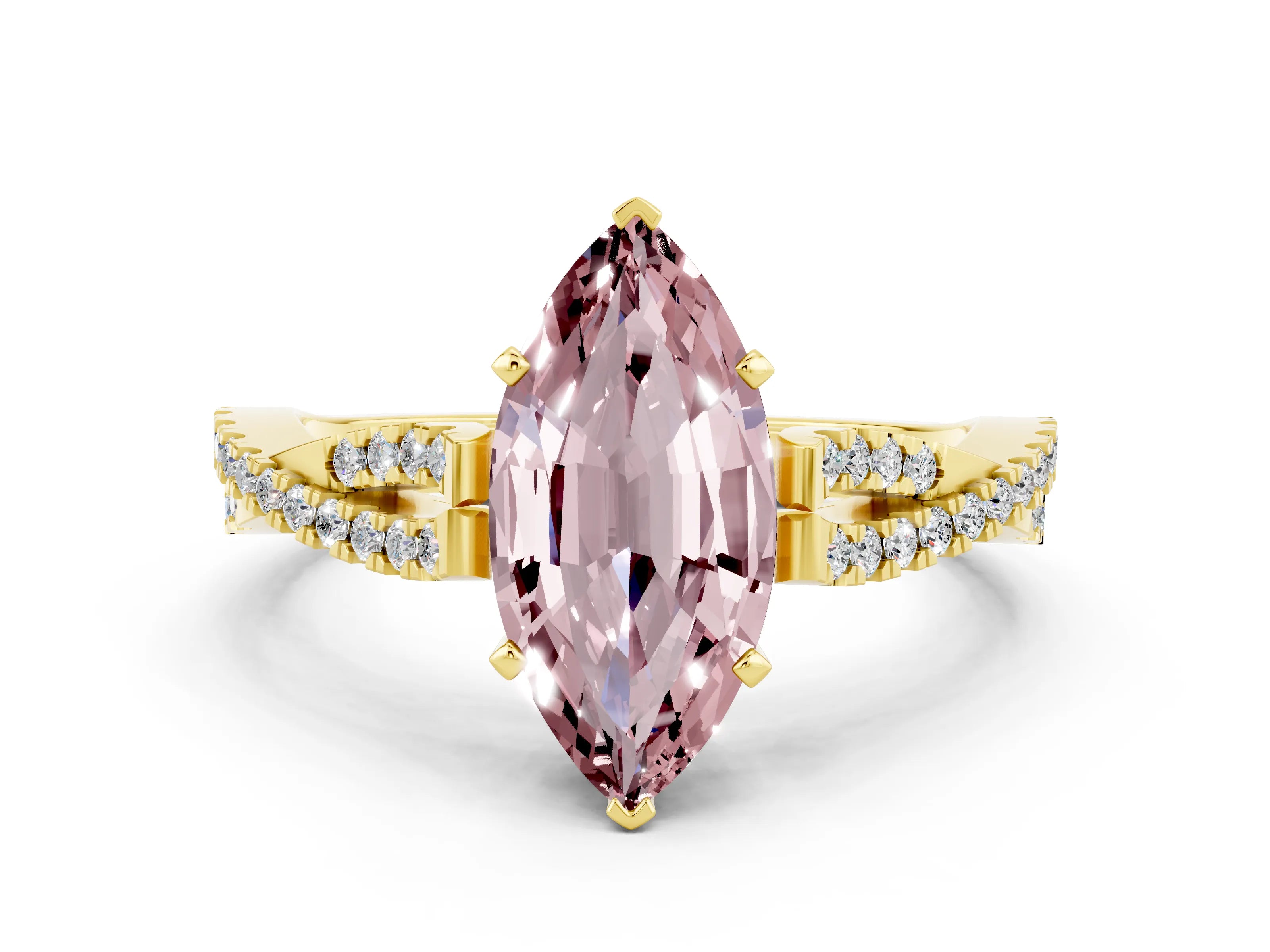 Yellow gold Marquise Cut Morganite Solitaire Engagement Ring with Twisted Pavé Band and Four-Prong Setting