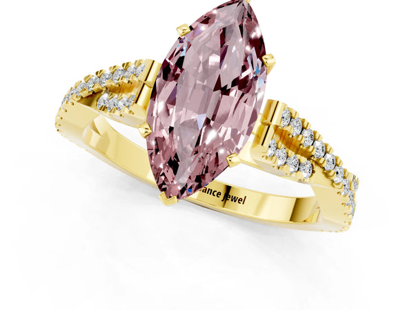 Yellow gold Marquise Cut Morganite Solitaire Engagement Ring with Twisted Pavé Band and Four-Prong Setting