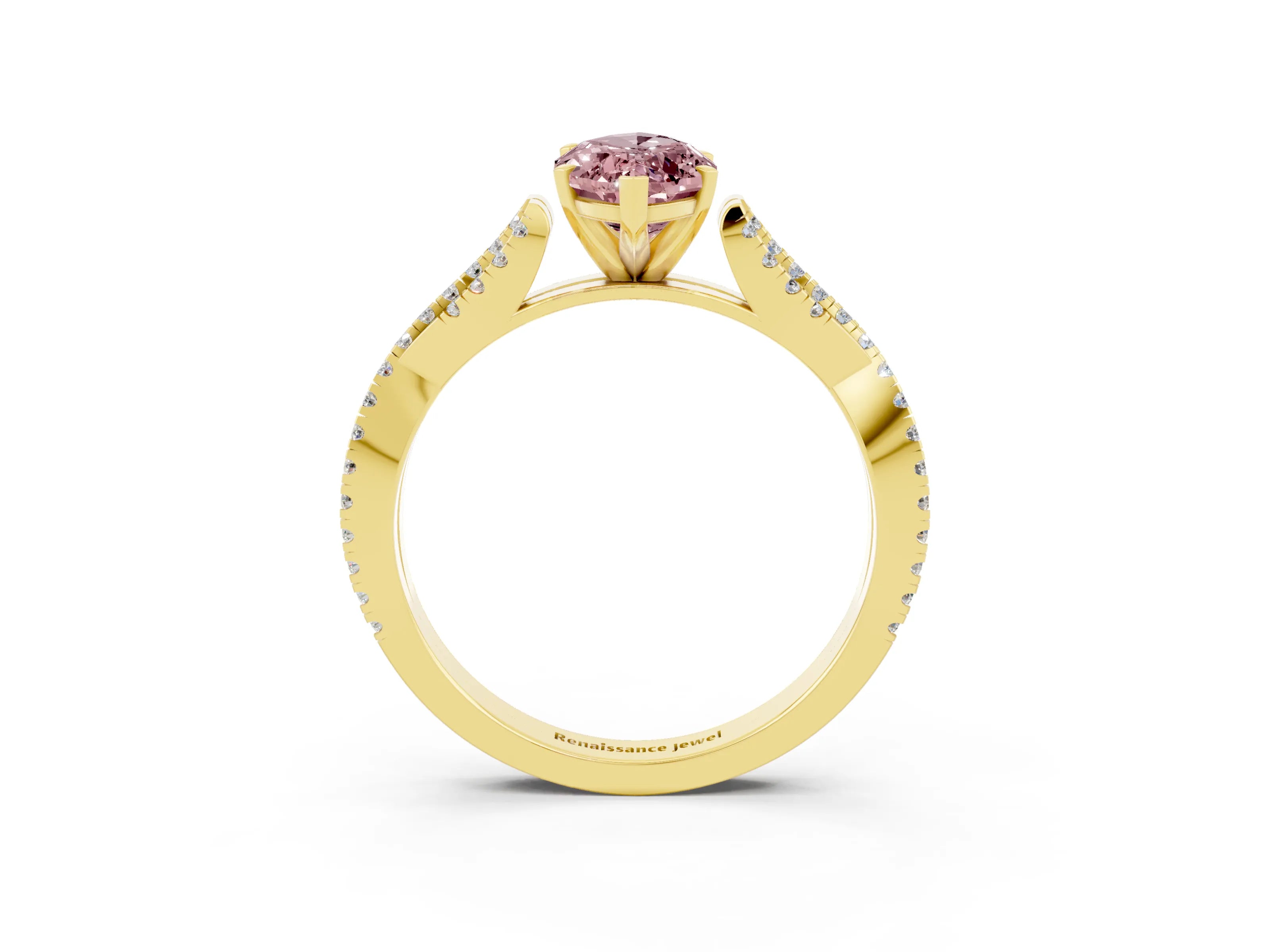 Yellow gold Marquise Cut Morganite Solitaire Engagement Ring with Twisted Pavé Band and Four-Prong Setting_3