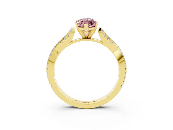 Yellow gold Marquise Cut Morganite Solitaire Engagement Ring with Twisted Pavé Band and Four-Prong Setting