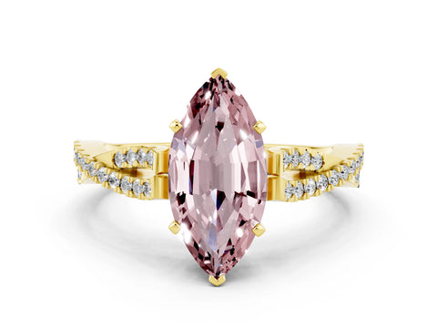 Yellow gold Marquise Cut Morganite Solitaire Engagement Ring with Twisted Pavé Band and Four-Prong Setting