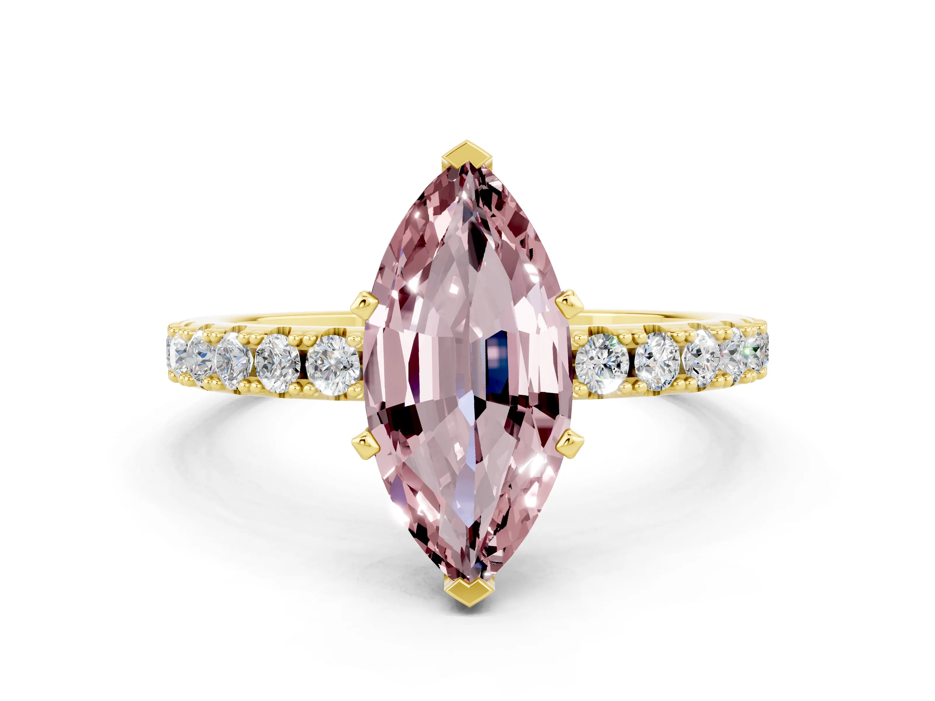 Yellow gold Marquise Cut Morganite Solitaire Pavé Band with Four-Prong Setting