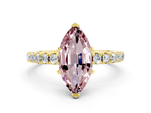 Yellow gold Marquise Cut Morganite Solitaire Pavé Band with Four-Prong Setting