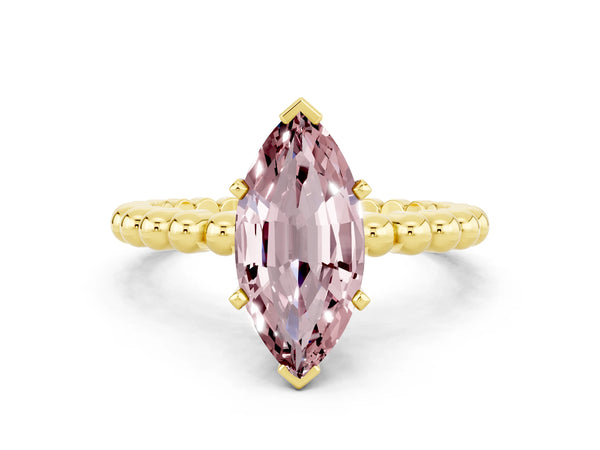 Yellow gold Marquise Cut Morganite Solitaire Ring with Beaded Band and Prong Setting