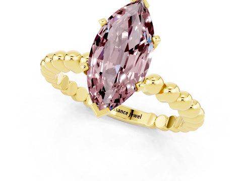 Yellow gold Marquise Cut Morganite Solitaire Ring with Beaded Band and Prong Setting_1