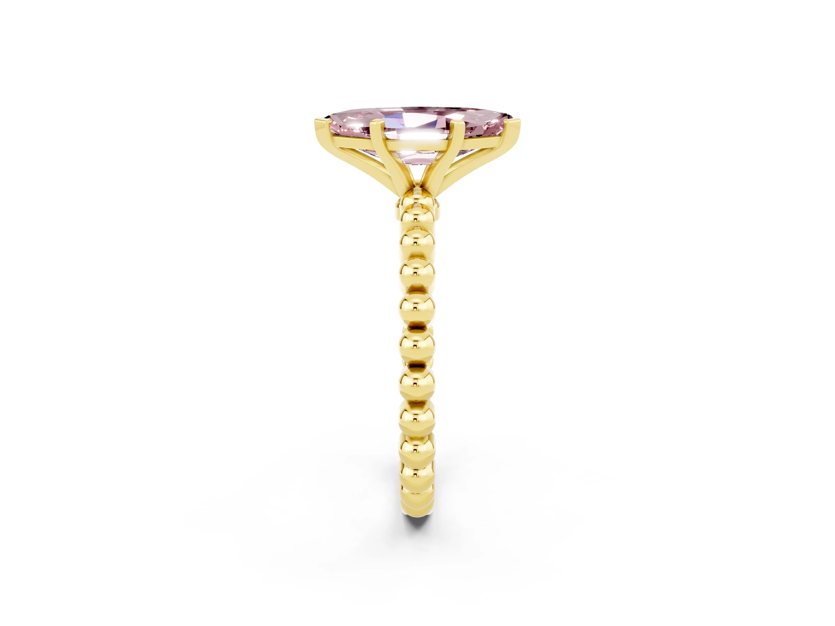 Yellow gold Marquise Cut Morganite Solitaire Ring with Beaded Band and Prong Setting_2