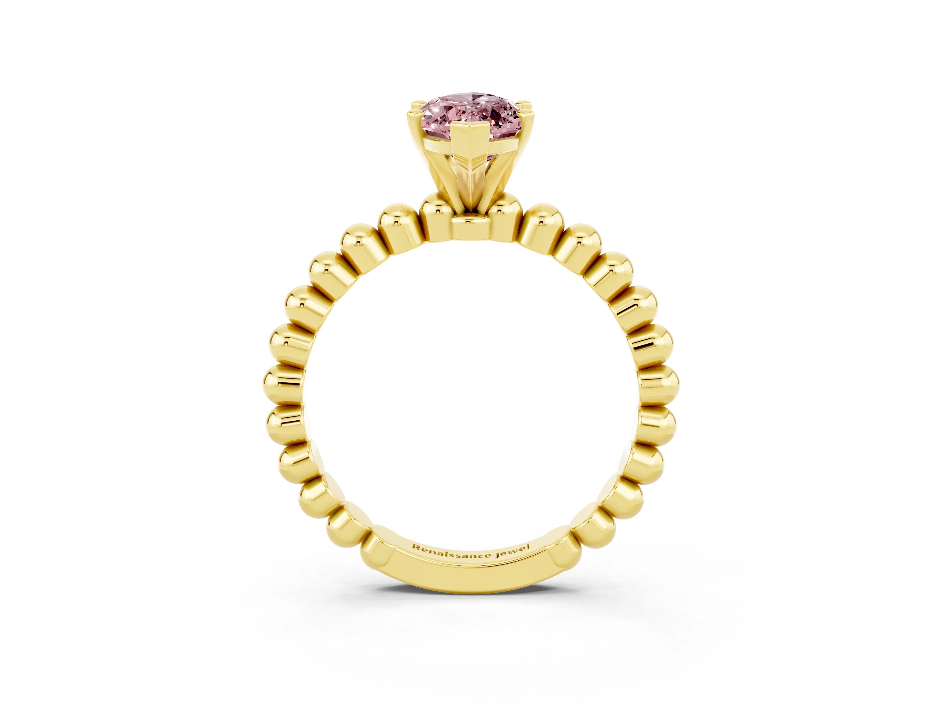 Yellow gold Marquise Cut Morganite Solitaire Ring with Beaded Band and Prong Setting_3