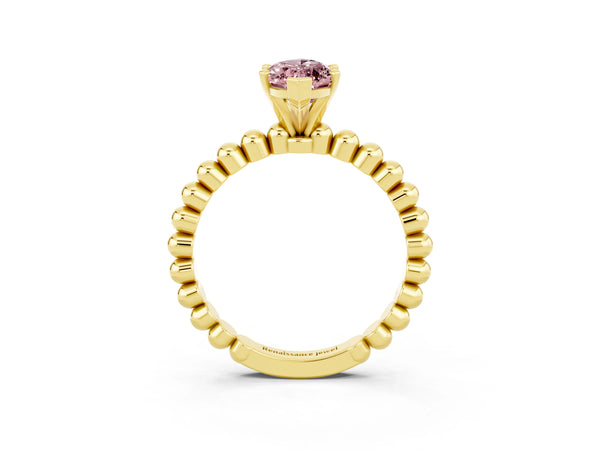 Yellow gold Marquise Cut Morganite Solitaire Ring with Beaded Band and Prong Setting