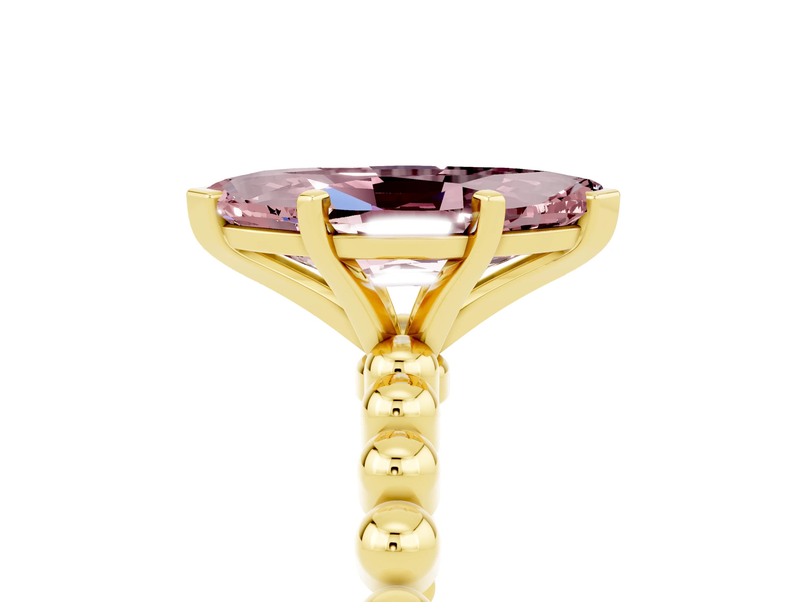 Yellow gold Marquise Cut Morganite Solitaire Ring with Beaded Band and Prong Setting_5