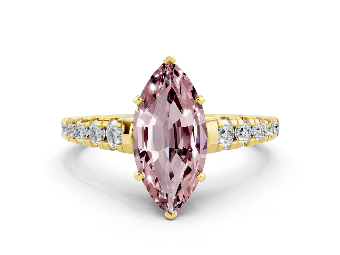 Yellow gold Marquise Cut Morganite Solitaire Ring with Cathedral Setting and Pavé Band