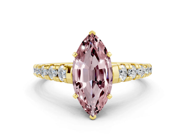 Yellow gold Marquise Cut Morganite Cathedral Solitaire Ring with Round  Pavé Band