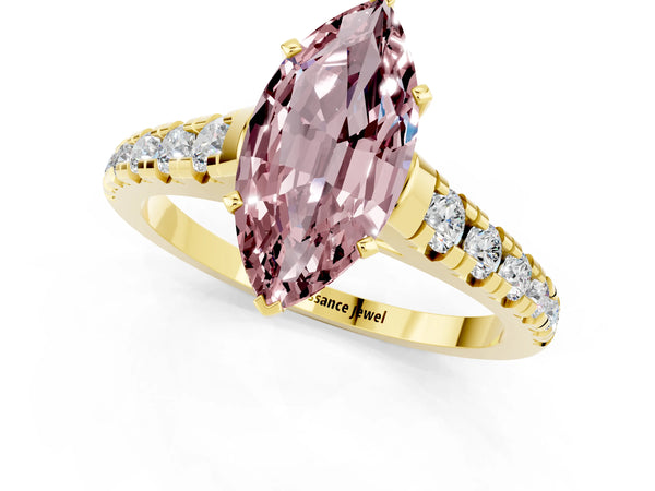 Yellow gold Marquise Cut Morganite Cathedral Solitaire Ring with Round  Pavé Band