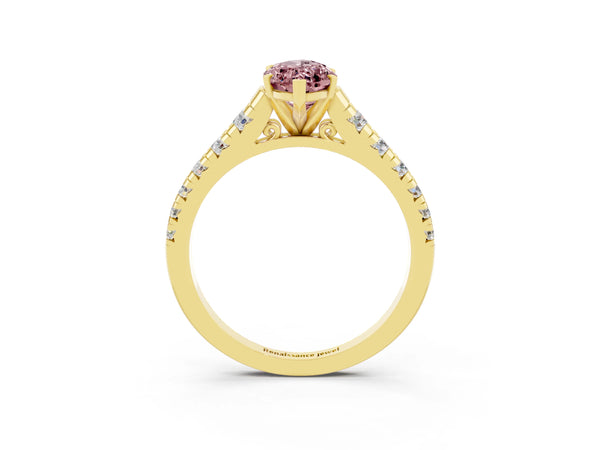 Yellow gold Marquise Cut Morganite Cathedral Solitaire Ring with Round  Pavé Band
