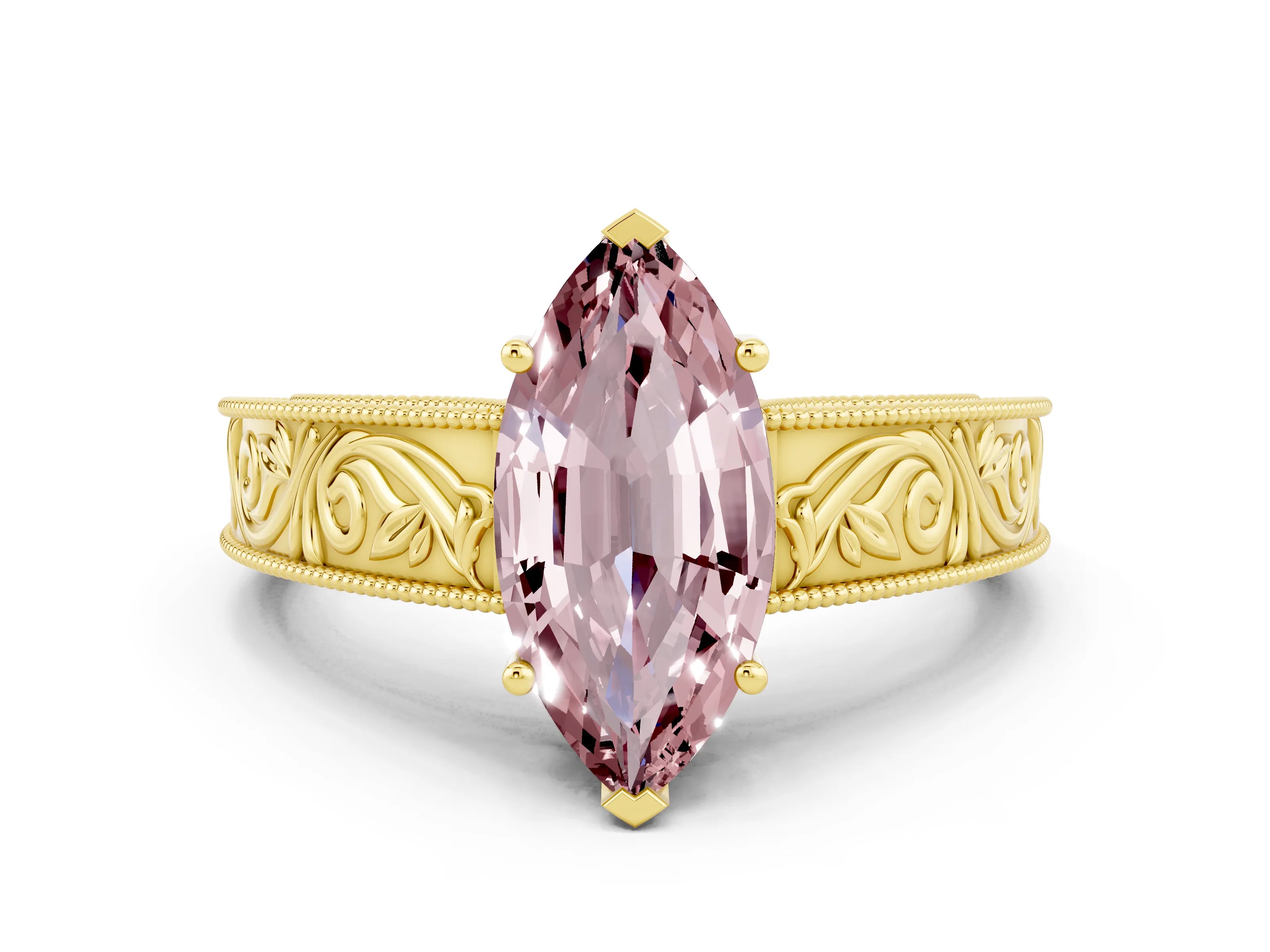 Yellow gold Marquise Cut Morganite Solitaire Ring with Engraved Band and Four-Prong Setting