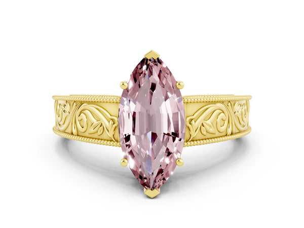 Yellow gold Marquise Cut Morganite Solitaire Ring with Engraved Band and Four-Prong Setting
