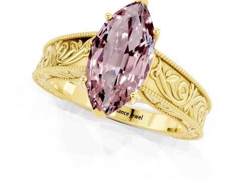 Yellow gold Marquise Cut Morganite Solitaire Ring with Engraved Band and Four-Prong Setting_1