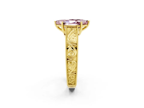 Yellow gold Marquise Cut Morganite Solitaire Ring with Engraved Band and Four-Prong Setting_2
