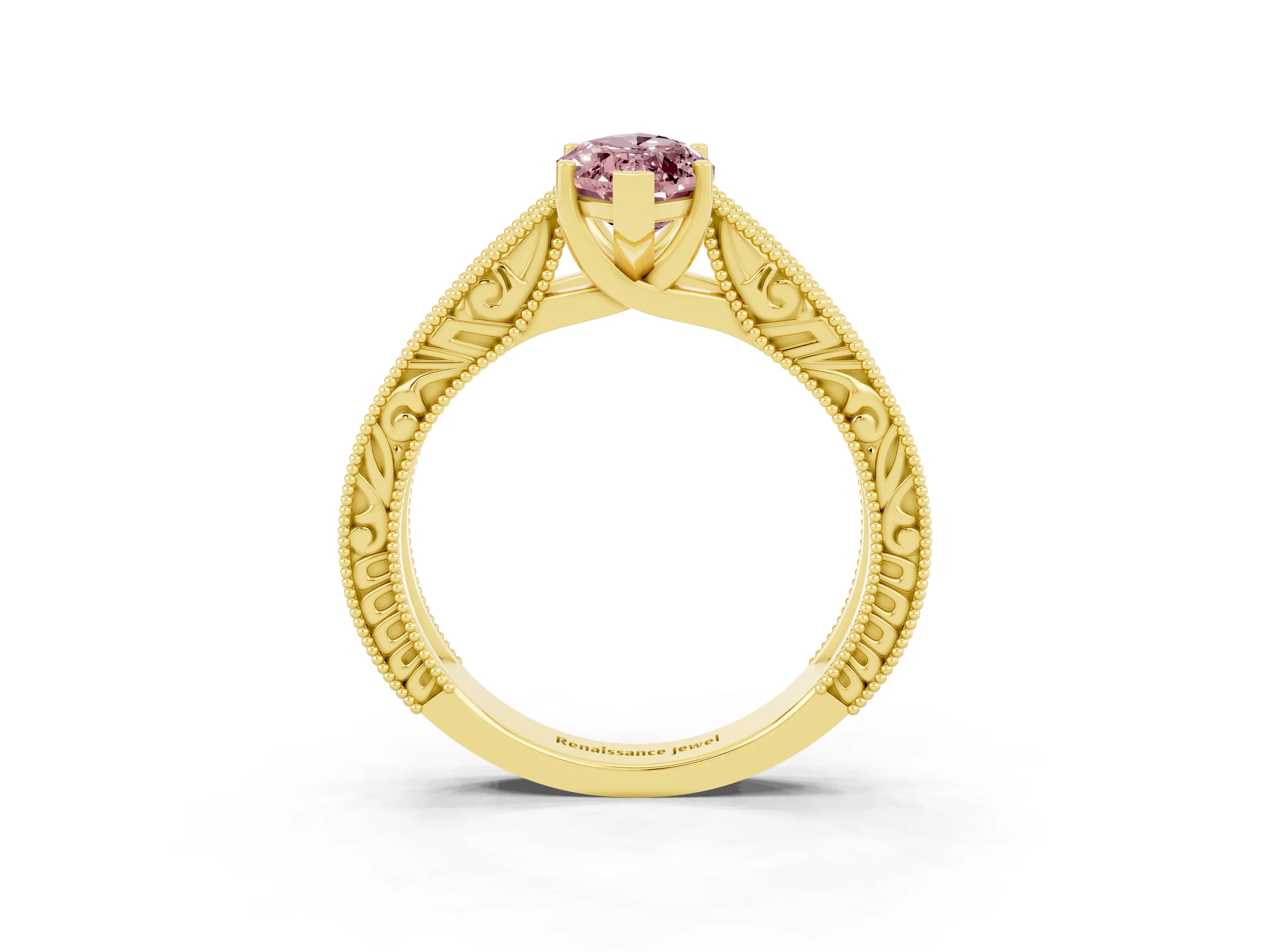 Yellow gold Marquise Cut Morganite Solitaire Ring with Engraved Band and Four-Prong Setting_3