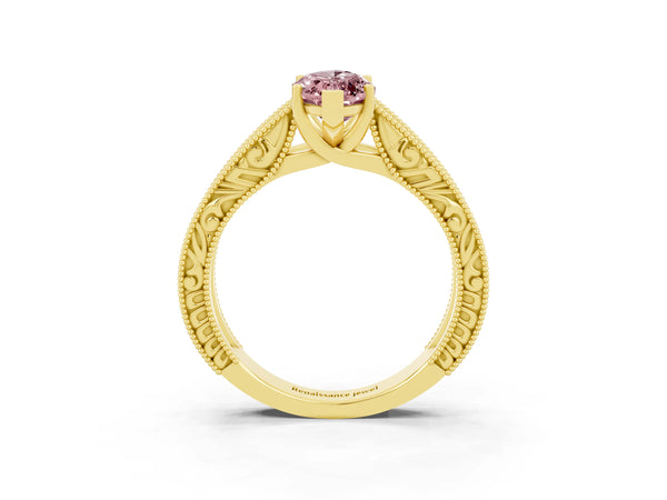 Yellow gold Marquise Cut Morganite Solitaire Ring with Engraved Band and Four-Prong Setting