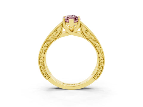Yellow gold Marquise Cut Morganite Solitaire Ring with Engraved Band and Four-Prong Setting_3