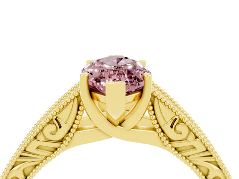 Yellow gold Marquise Cut Morganite Solitaire Ring with Engraved Band and Four-Prong Setting_4