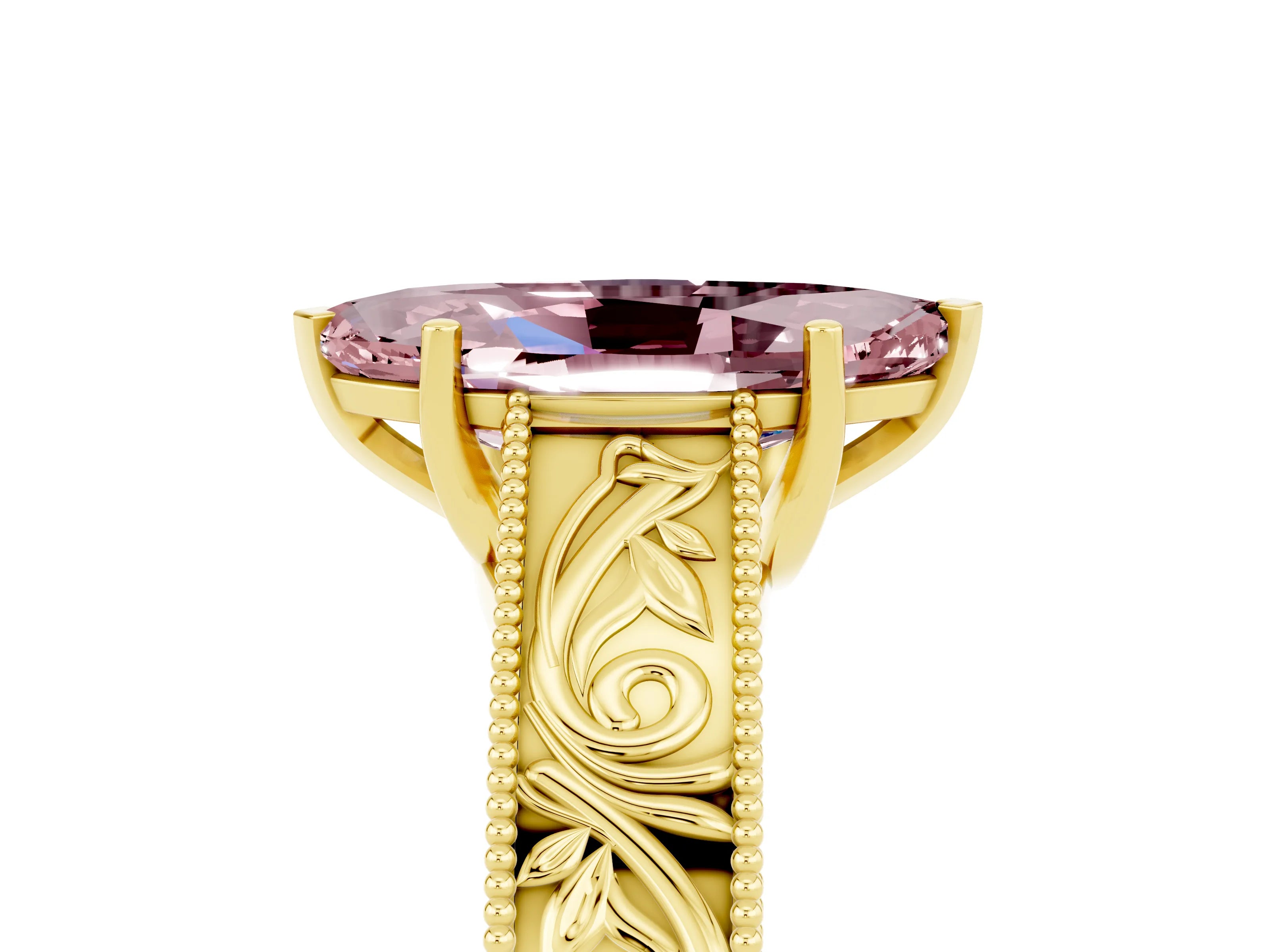 Yellow gold Marquise Cut Morganite Solitaire Ring with Engraved Band and Four-Prong Setting_5