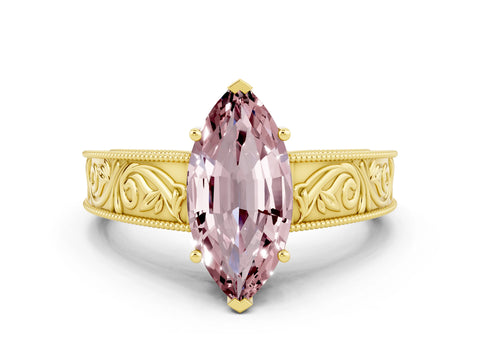 Yellow gold Marquise Cut Morganite Solitaire Ring with Engraved Band and Four-Prong Setting