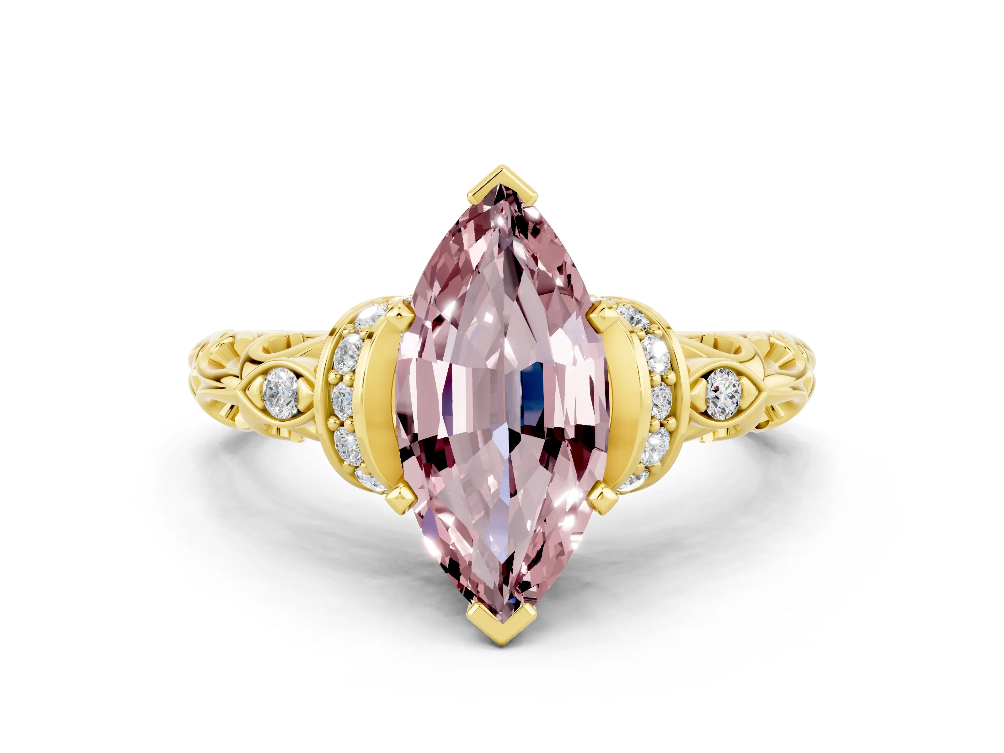 Yellow gold Marquise Cut Morganite Solitaire Ring with Filigree Band and Four-Prong Setting_24