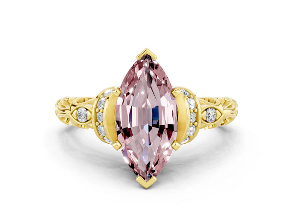Yellow gold Marquise Cut Morganite Solitaire Ring with Filigree Band and Four-Prong Setting