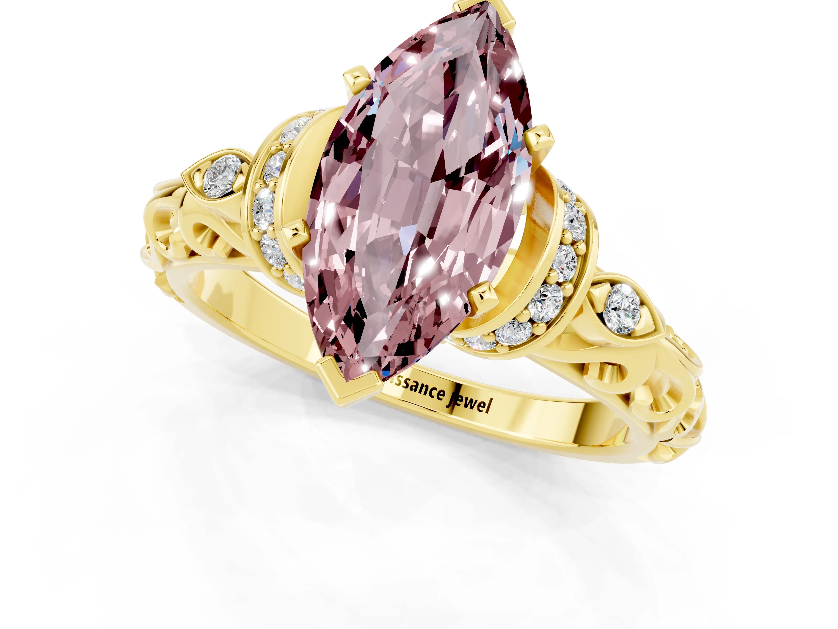Yellow gold Marquise Cut Morganite Solitaire Ring with Filigree Band and Four-Prong Setting_25