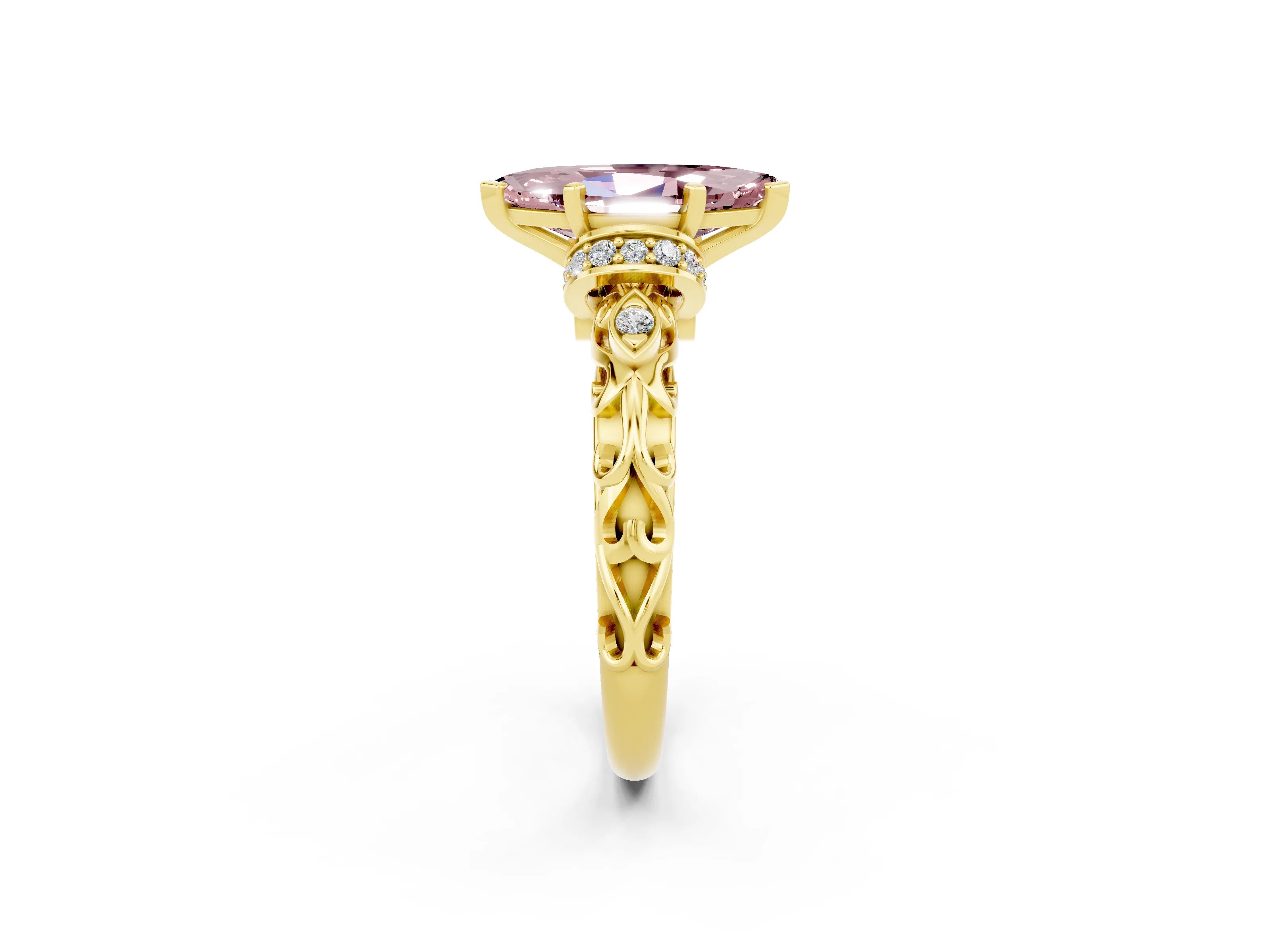 Yellow gold Marquise Cut Morganite Solitaire Ring with Filigree Band and Four-Prong Setting_26