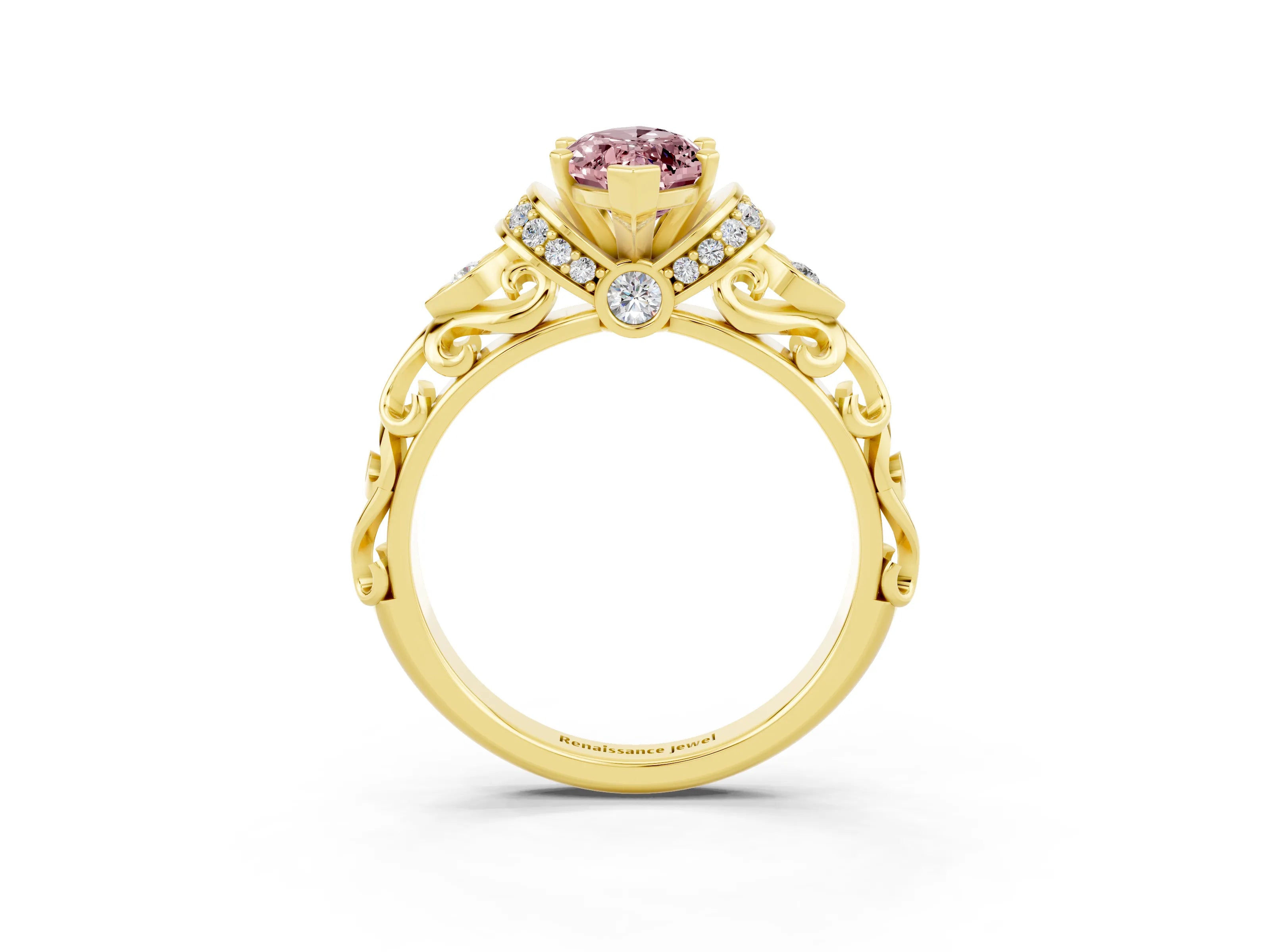 Yellow gold Marquise Cut Morganite Solitaire Ring with Filigree Band and Four-Prong Setting_27