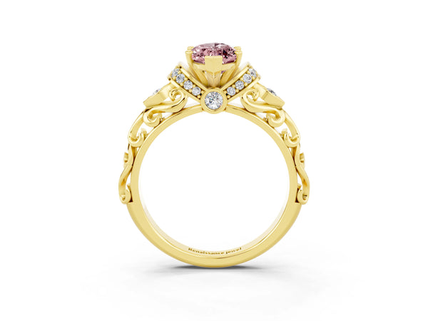 Yellow gold Marquise Cut Morganite Solitaire Ring with Filigree Band and Four-Prong Setting