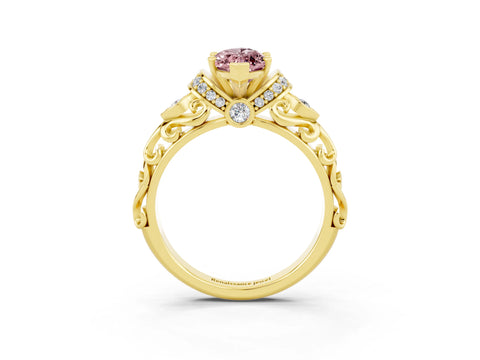 Yellow gold Marquise Cut Morganite Solitaire Ring with Filigree Band and Four-Prong Setting_27